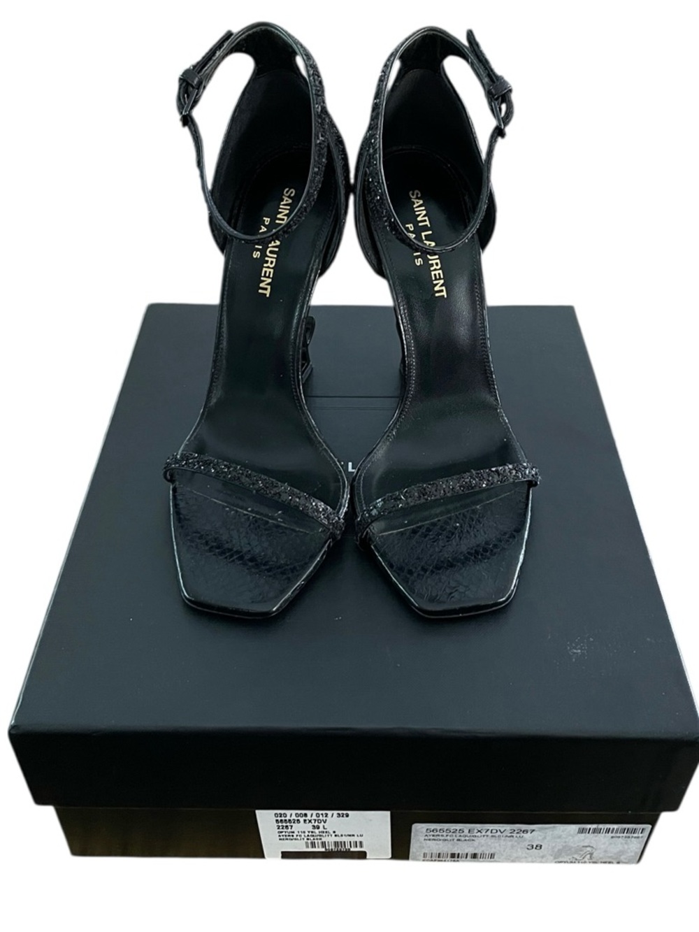 Saint Laurent Women’s Nero Glitter Black Lacquer Opyum 110 Open Toe Heel Size 38 - Picture 2 of 12
